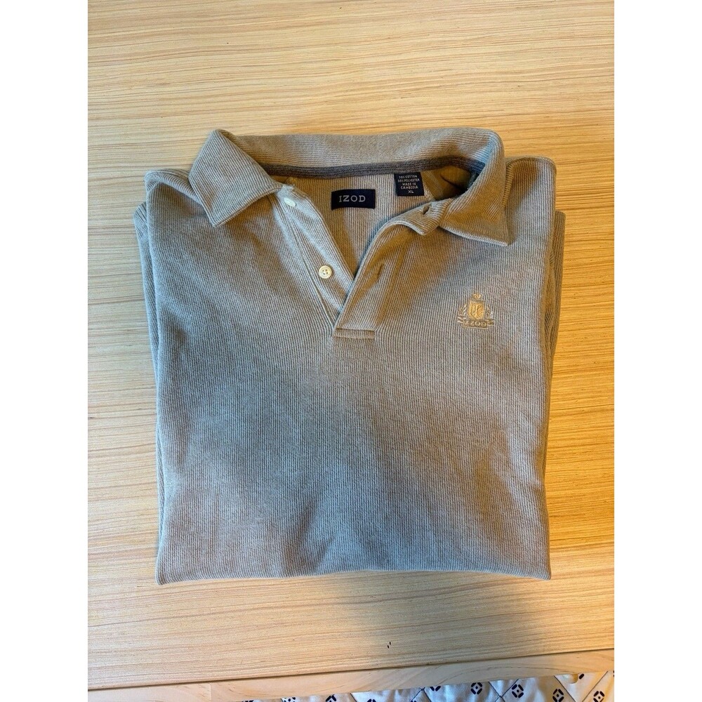 IZOD Men's XL Beige Knit Long Sleeve Polo Shirt Cotton Blend Golf Preppy Casual - Picture 3 of 6